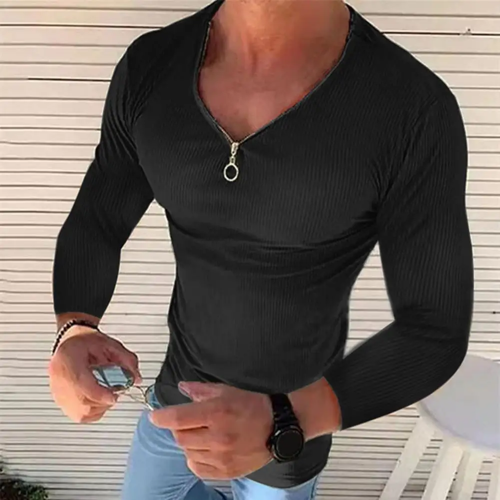 Men Shirt Solid Color Long Sleeve V Neck Ribbed Stretch Streetwear Spring Autumn Slim Fit Zipper T-shirt Top Men Clothing 2023