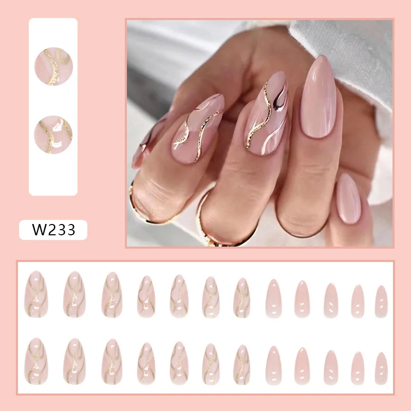 Ripple Glitter 24 Pcs Press on Nails Pink Gradient Fake Nails Glossy Artificial Finger Manicure Reusable False Nails for Women