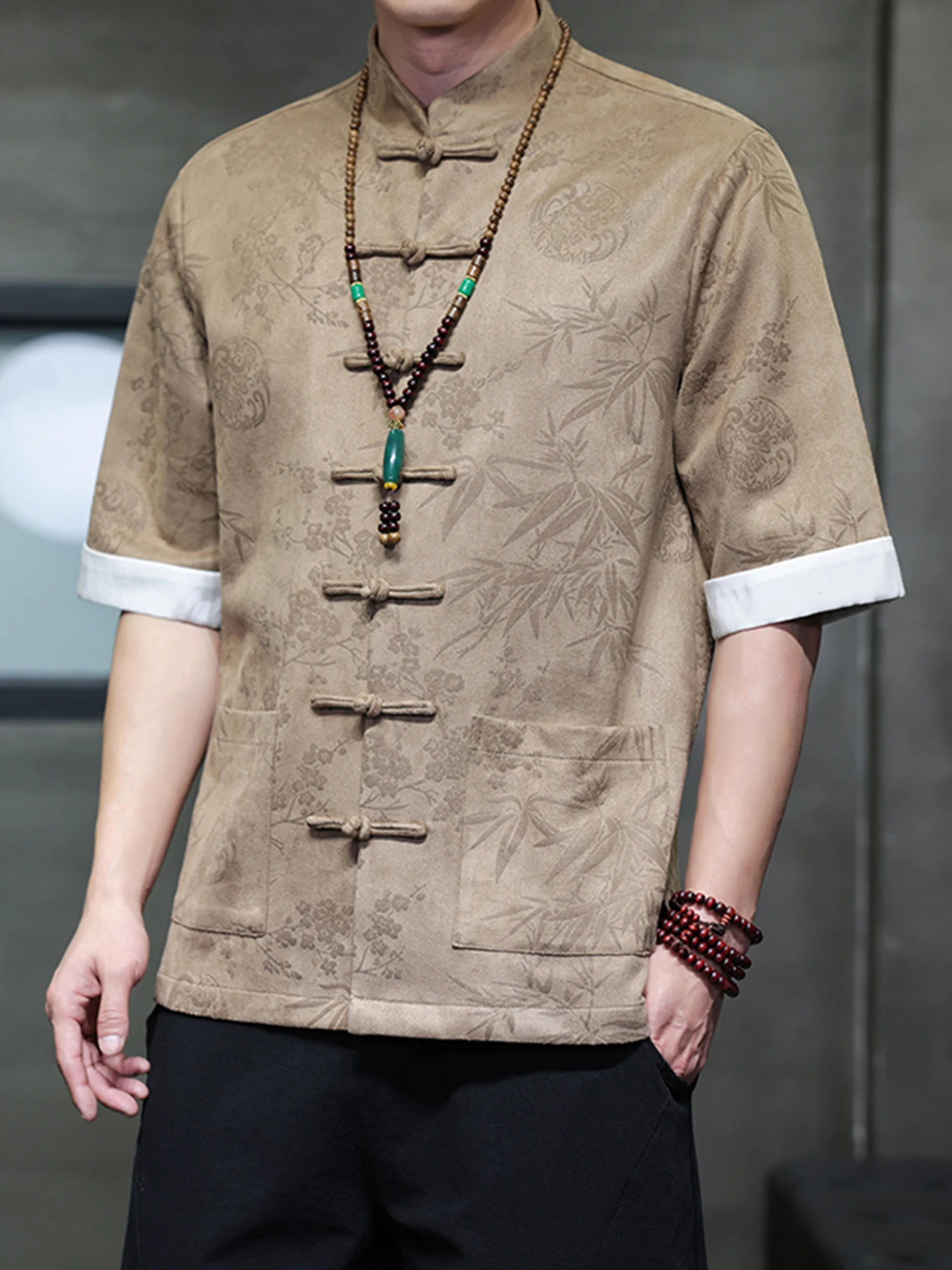 

Мужская рубашка Ханьфу из оленьего бархата с коротким рукавом, на пуговицах, с воротником-стойкой, дышащая, повседневная, модная, летняя, новая модель, большие размеры