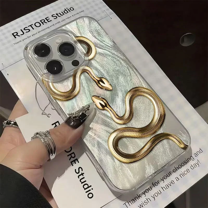 Gold Snake Print Case For iPhone 11 15 14 13 12 16 Pro Max XS X XR 8 7 Plus SE 2020 Feather Chiffon Texture Silver Plated Cover