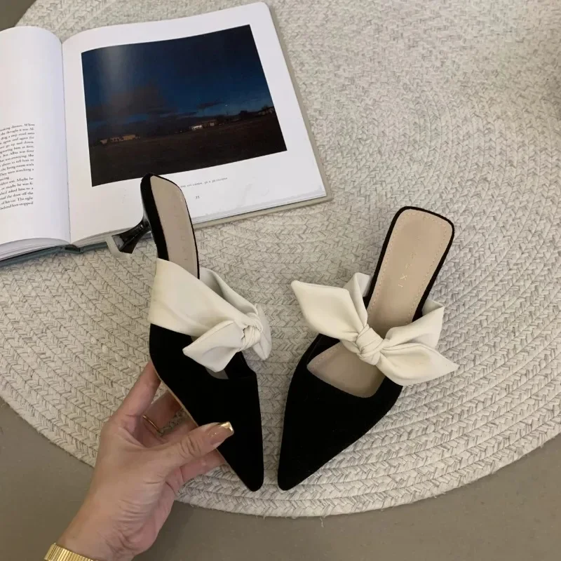 Sommer Frauen Spitz High Heels luxus Sandalen Bowknot Mode Blume Frau Schuhe Slingback Frau Hausschuhe zapatos de mujer