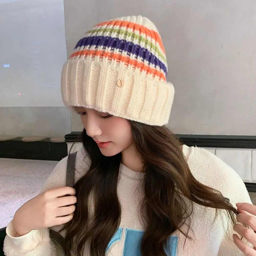 

Vintage Striped Knitted Hat Trendy Breathable Casual Wool Hat Korean Style Coldproof Winter Pullover Hat Apparel Accessories
