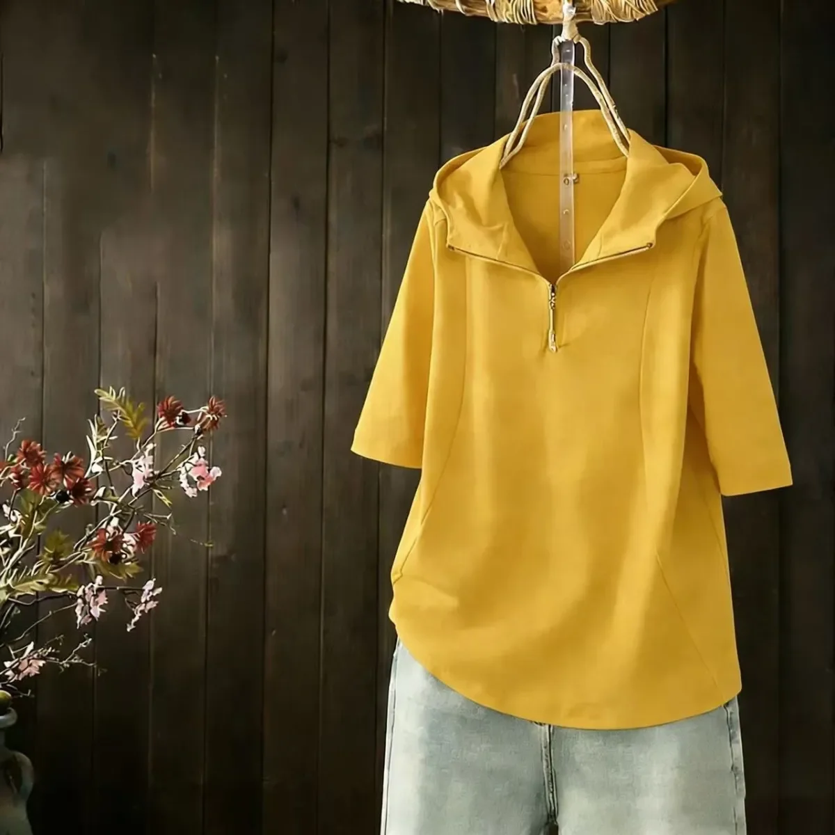 Yellow Hooded Half Sleeve T Shirt Loose Fit Casual Top for Women Summer Lightweight Comfortable Everyday Wear