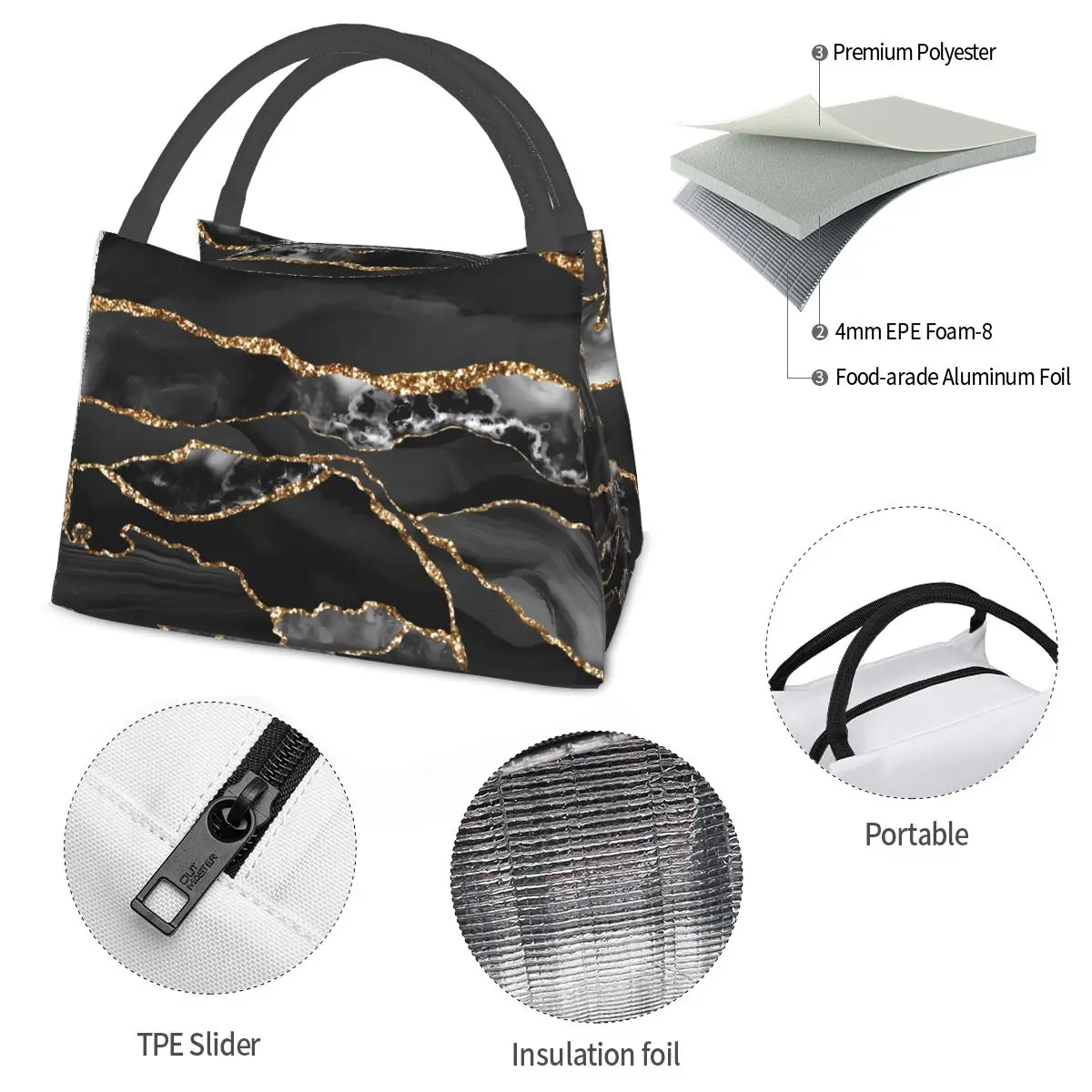 Glitter Marble Lunch Bag Black and Gold Fun Lunch Box Outdoor Picnic Portable Tote Food Bags Print Cooler Bag