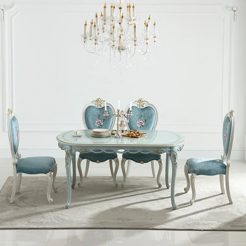 

French light luxury pastoral style dining table blue European oval 1.6M dining table and chair combination furniture