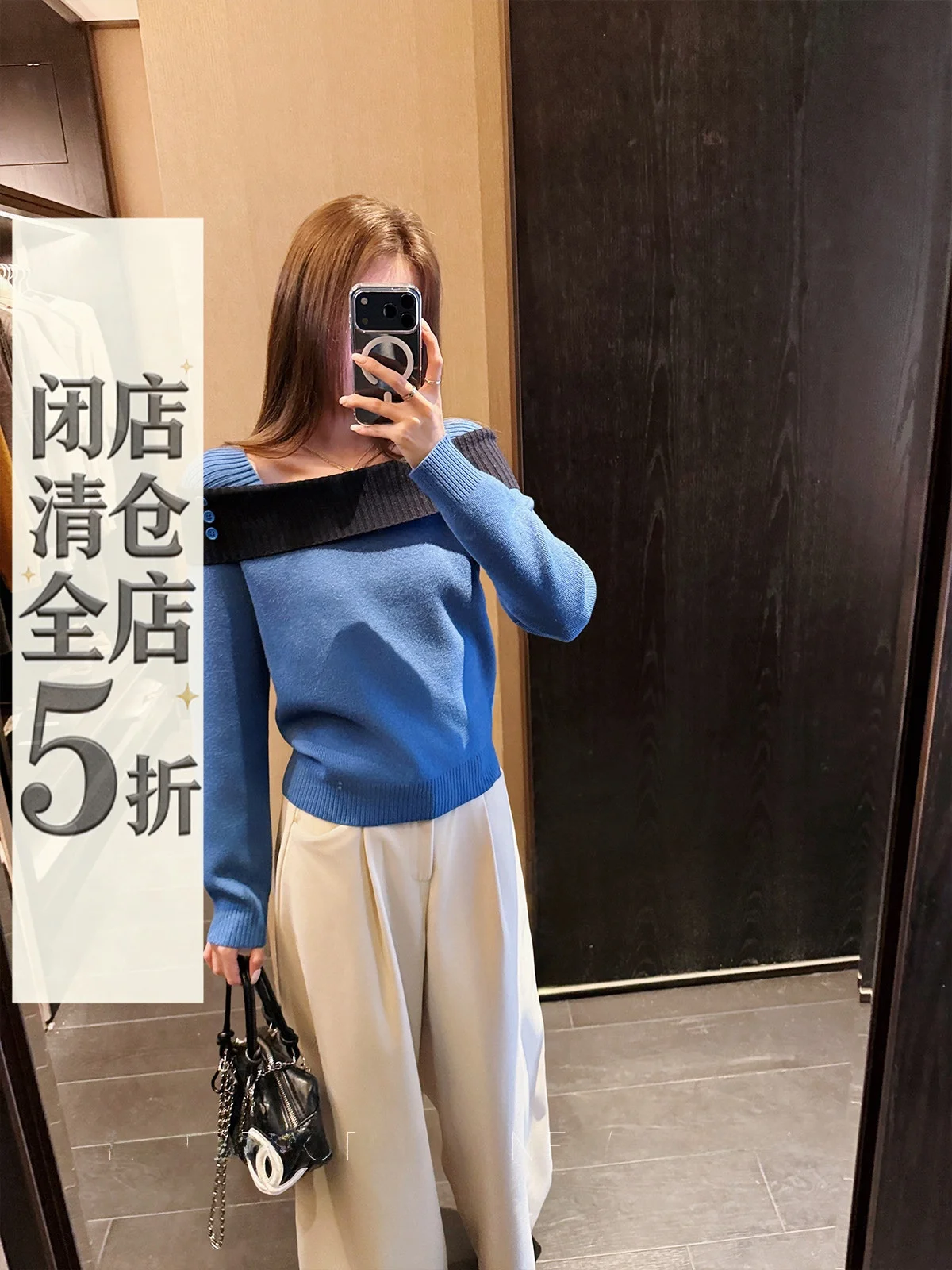 

Blue One-Shoulder Slim Fit Knitwear Women's Fashion Design Bubble Yang Stylish Casual Commute Style Long Sleeve Autumn Winter