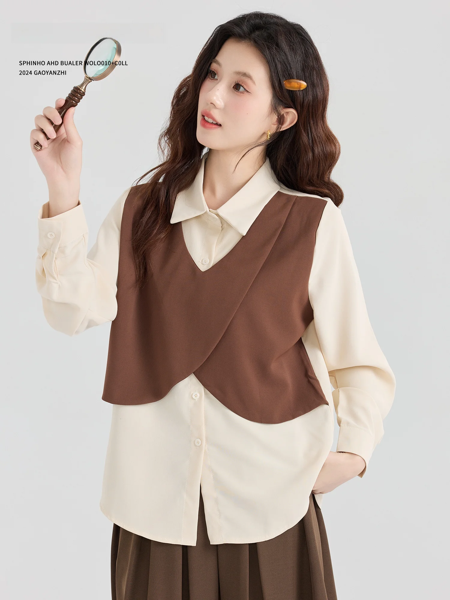 

Chic Korean Sle irt Women's Early Autumn 2024 New Design Conceal Meat Skirt like Top Asymmetrical Fake Two-Piece Blouse