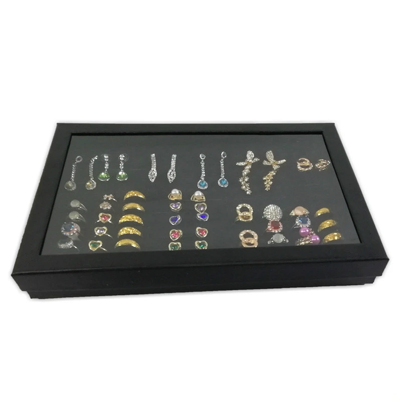 أسود مائة حلقة صندوق عرض مع مرئية شفافة غطاء مخزن مكافحة مجوهرات عرض صينية المنزل حلقة القرط تخزين حامل #2