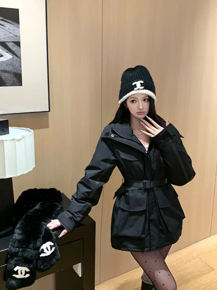 2024 Winter New Women Tops Parkas Coats Korean Fashion Stand Collar Long Sleeve High Waist Slim Female Quilted Parkas Coats