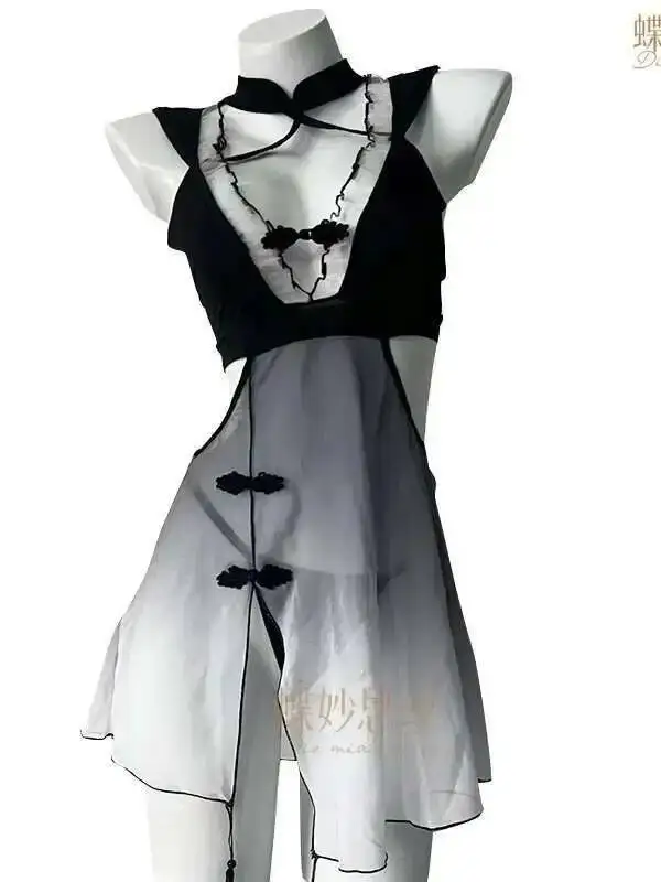 เซ็กซี่สไตล์จีนสำหรับผู้หญิงภาพวาดหมึกสไตล์อกสไตล์โบราณชุดนอนความปรารถนาอันบริสุทธิ์ชุดเดรสบางเฉียบสง่างาม 3PKY