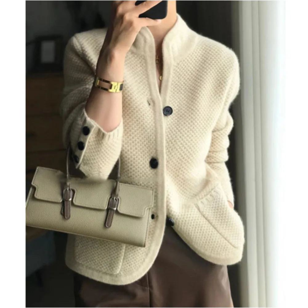 White Knitted Sweater Autumn Winter Coat Thickened Cardigan Women Stand Neck Sweater Loose Knitwear Elegant Sweater Jacket 2023