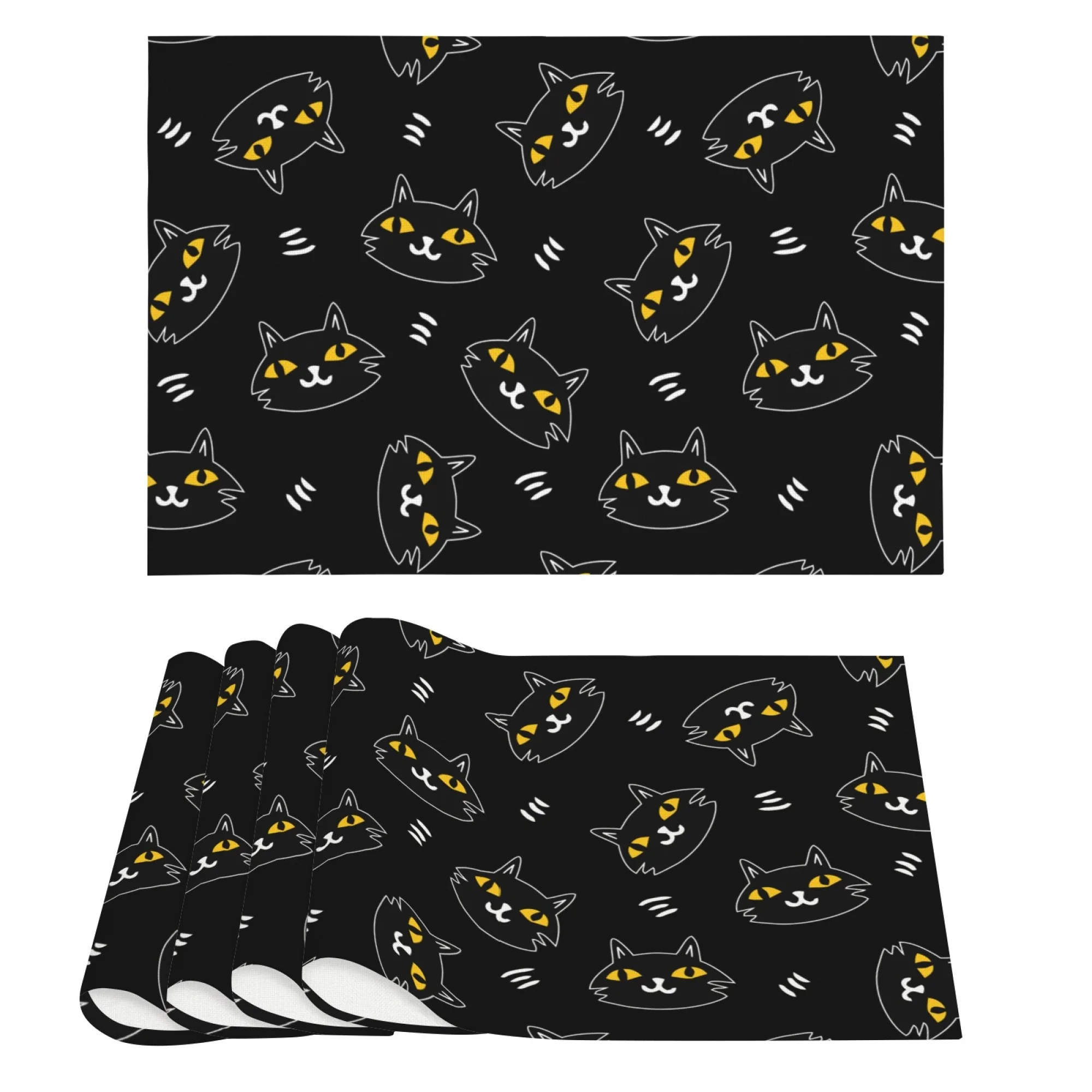 แผ่นรองจานลายแมวน่ารัก สีดำ ตาเหลือง ลายขาว สำหรับตกแต่งโต๊ะอาหารในครอบครัวและเด็กๆ