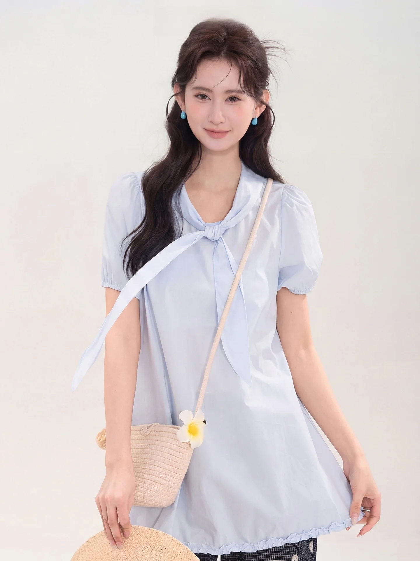 

Sweet Style Cotton Shirt Dress with Bow And Ruffle Short Sleeve Midi Dress Women's Summer Fashion Princess Loose Fit Pure Color