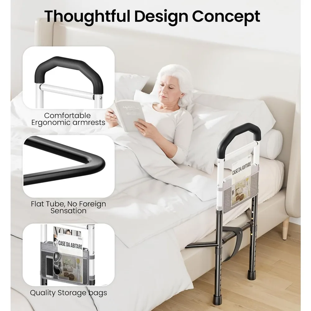 Riel de seguridad para cama ajustable para personas mayores con bolsa de almacenamiento, soportes de 350 libras, se adapta a camas de doble a king, negro