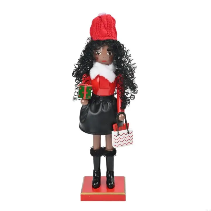 H55A Christmas Shopping Lady Nutcrackers with Curly Hair Figurine Artisanal Ornament for Holiday Decorating and Gift