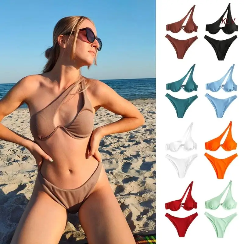 Womens Summer Push Up Cut Out Bathing Suit Sexy Hollow-Out Stitching Swimsuit Trendy One Shoulder Bikinis Beachwear Set