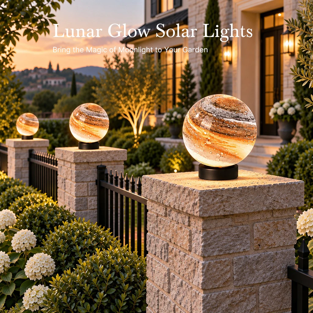 Solar Moon Globe Outdoor Post Light IP65 Waterproof Planet Sphere Pillar Lamps Landscape Lighting for Villa Garden Fences Patios