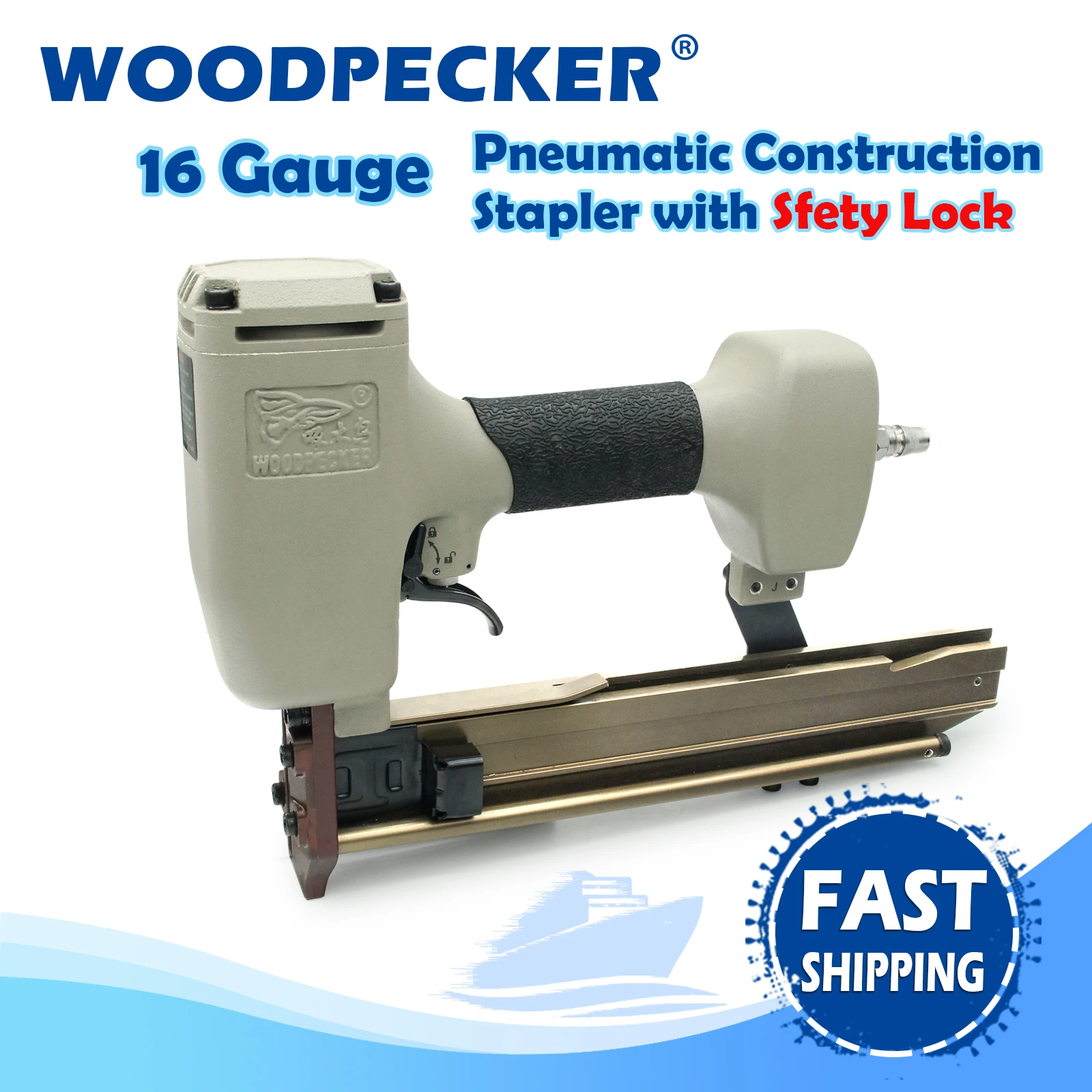 WOODPECKER N838H 16 Gauge Pneumatic Construction Stapler with Safety Lock, Fits 10.8mm Crown Staples, for Woodworking