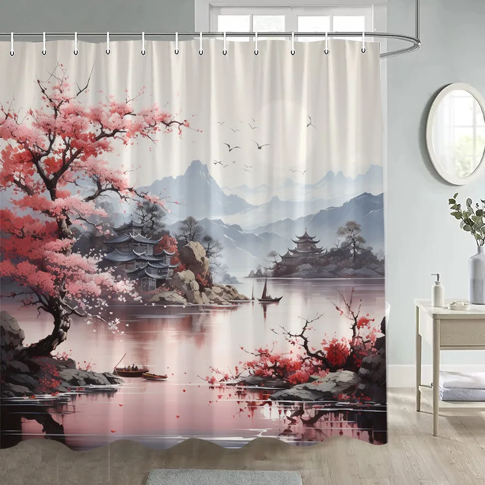 Japanese Landscape Shower Curtains Cherry Blossom Koi Fish Lotus Abstract Mountain Sea Waves Polyester Bathroom Decor with Hooks