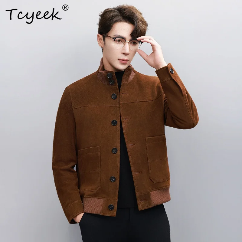 Tcyeek New Real Leather Jacket for Men Short Suede Sheepskin with A Matte Texture Men's Autumn Vintage Clothes Fashion Coats