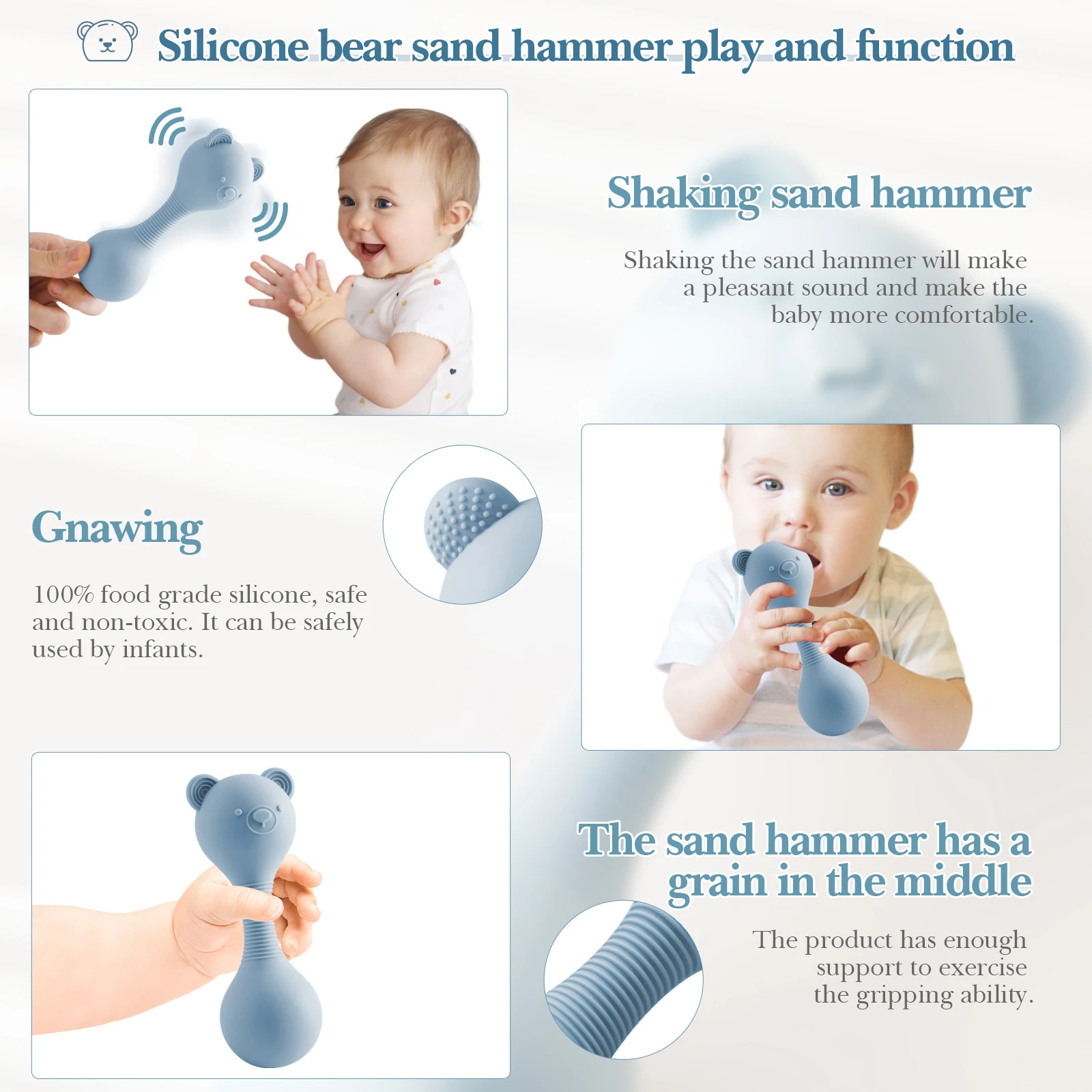 Babyrasseln aus Silikon, Maracas-Spielzeug, Cartoon-Bär Sandhammer, Babyspielzeug 0-12 Monate, Rassel-Silikon-Beißspielzeug als Babygeschenk – Detail 2