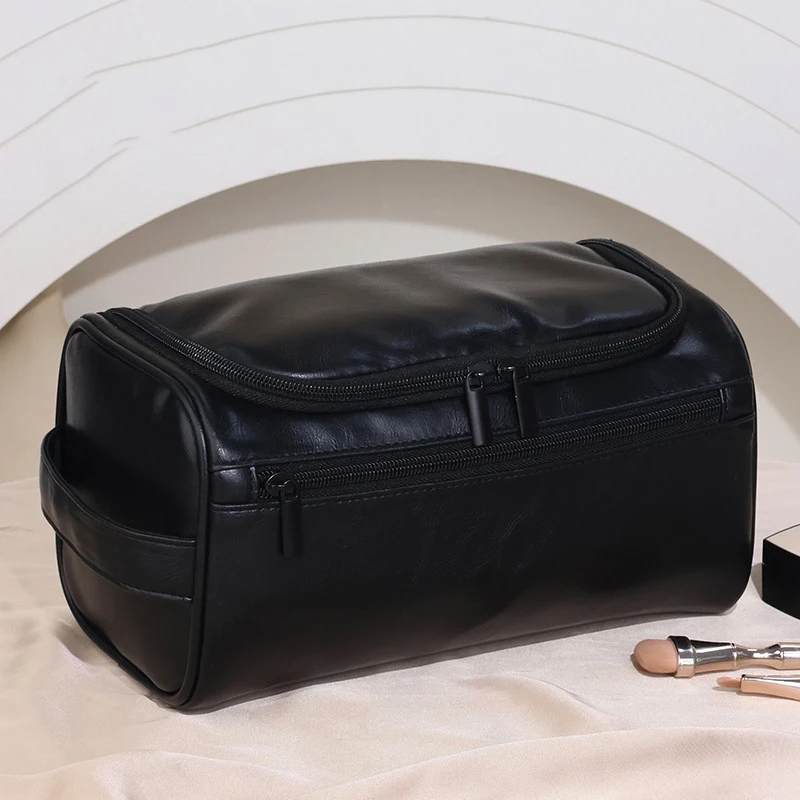 Leather Men Business Portable Storage Bag Toiletry Women Travel Cosmetic Bag Vintage Luxury Case Hanging Waterproof Wash Pouch