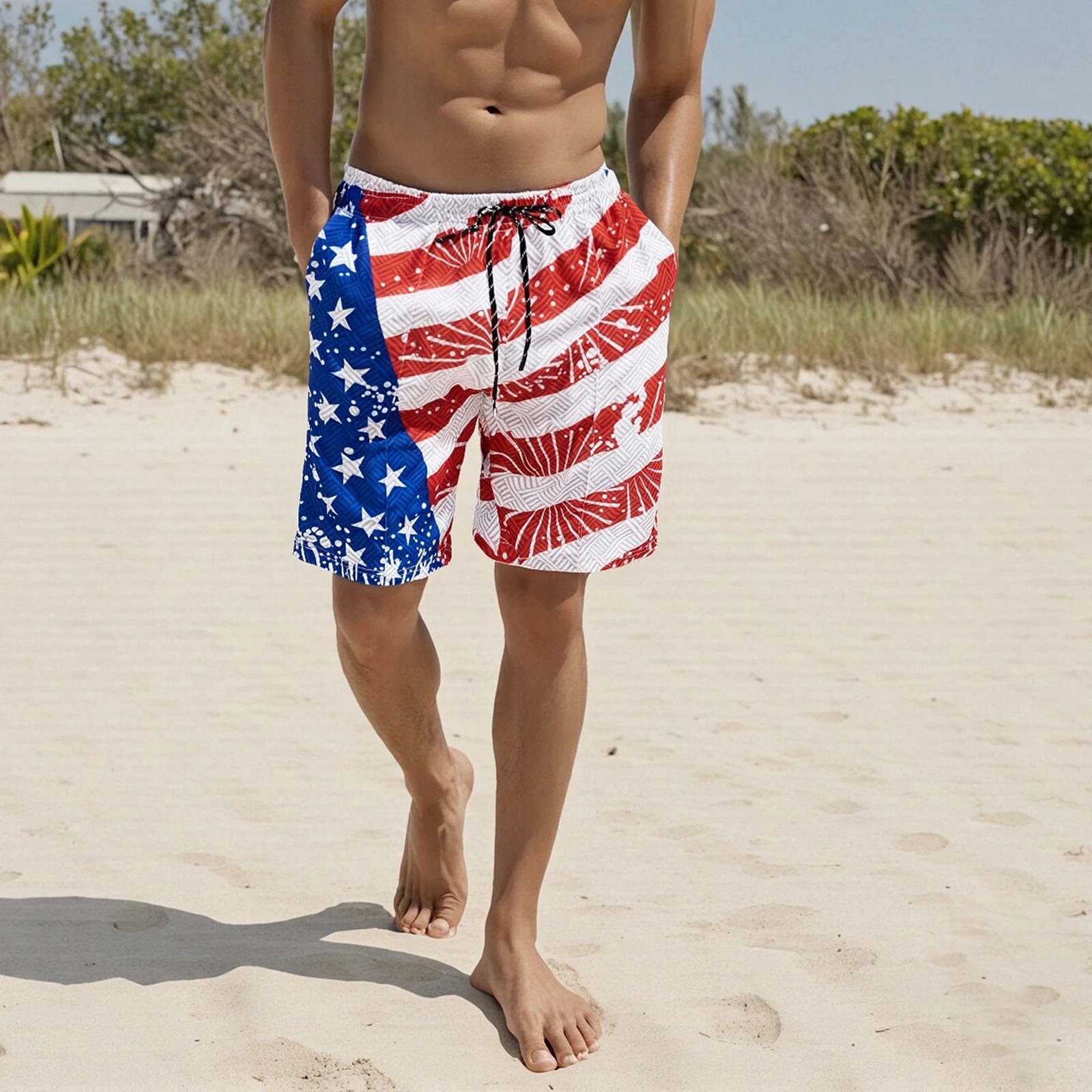 

Мужские шорты на 4 июля, пляжные шорты с эластичной резинкой на талии и принтом в полоску со звездами, повседневная летняя уличная одежда