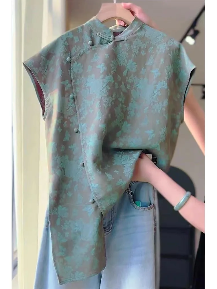 

een синий принт, новый китайский костюм Sle Tang, женский летний топ на пуговицах, повседневный прямой крой, большие размеры