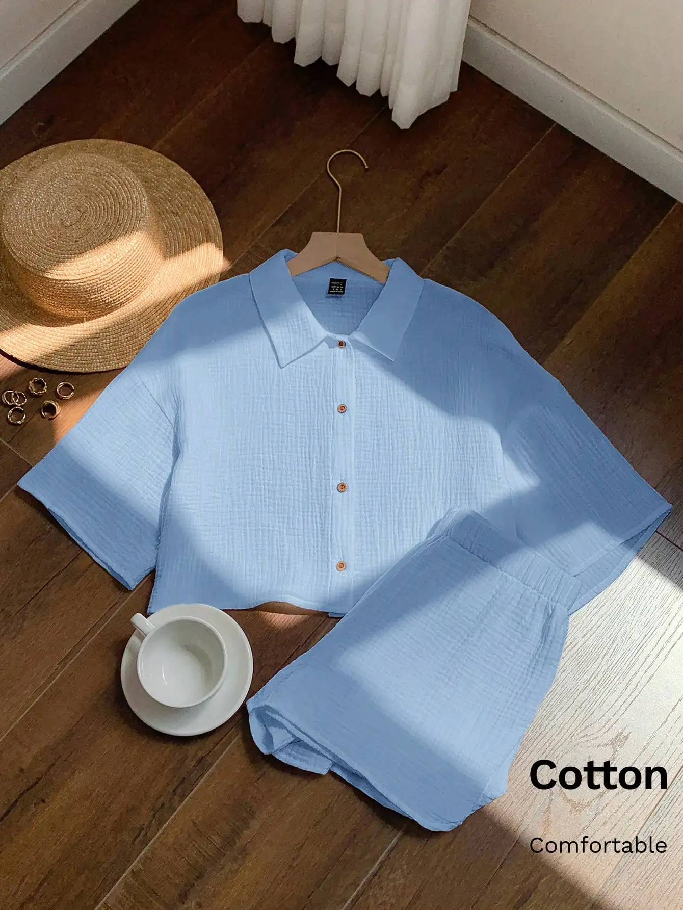 

Women Summer Blue Cotton Shirt And Shorts Set Casual Vacation Outfit