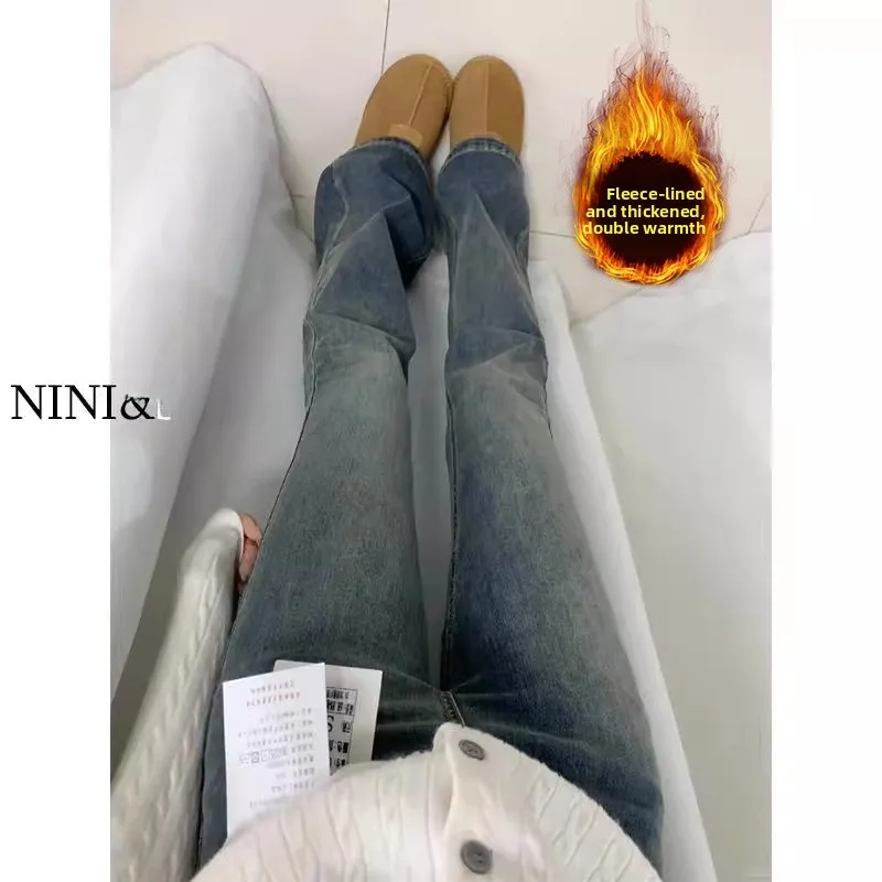 

Retro Fleece Lined Flared Jeans Women's High Waist Slimming Bootcut Pants Winter Commute Style Comfort Fit Thick Denim Jeans