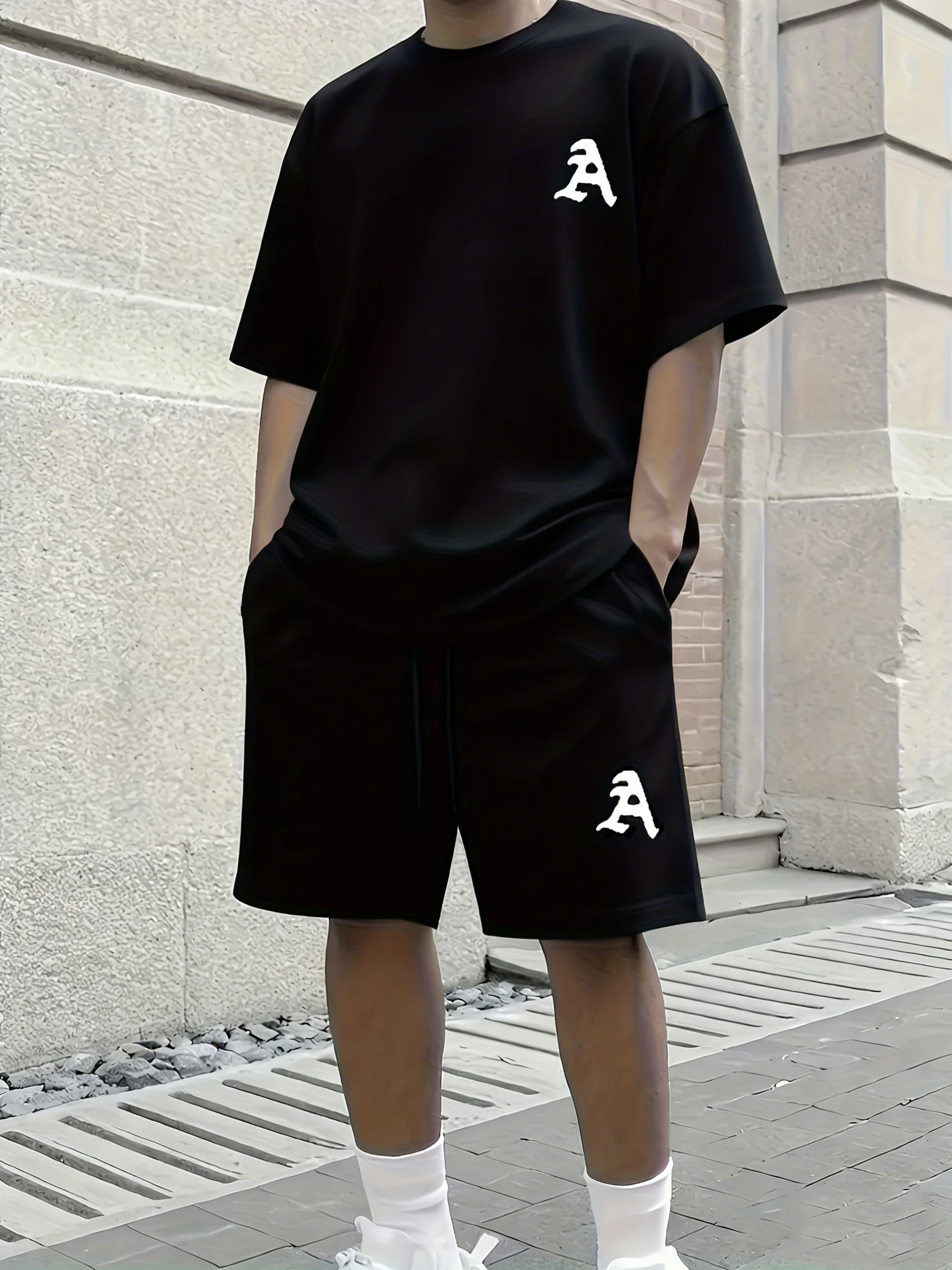 

Men's outdoor quick-drying summer trendy fashion short-sleeved T-shirt +shorts set with a vintage-style letter "A" pattern print