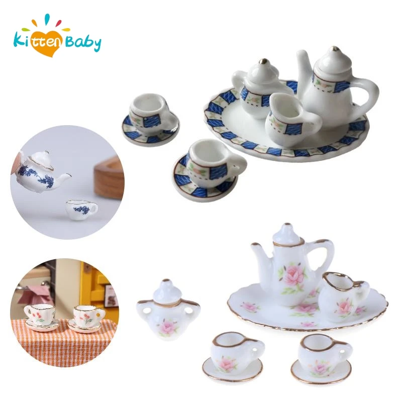 Miniatura Flower Patten Porcelana Café Chá Copos, Louça Cerâmica, Dollhouse Cozinha Acessórios, 1 Set, 12 Dollhouse