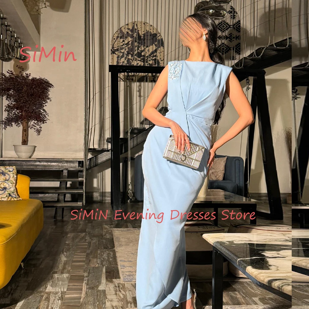 Simin Saudi O-Neck Simple Ruffle Mermaid Sleeveless Embroidery Grace Ankle-Length Arab Evening Party dresses for women 2024