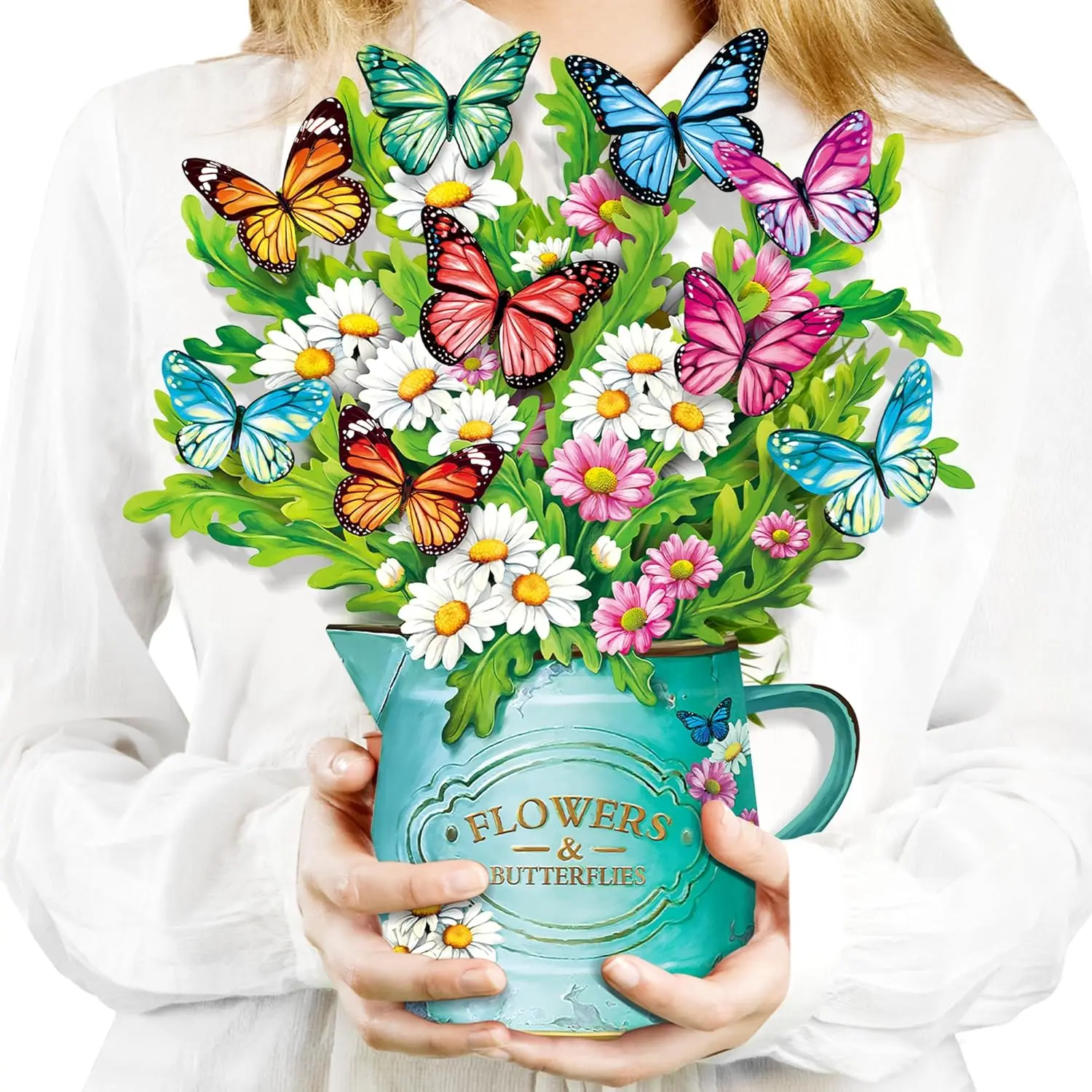 

Up Flower Cards, Paper Flowers Bouquet 12’‘ Daisies and Butterflies 3D Popup Graduation Cards with Blank Note and Envelope, Birt