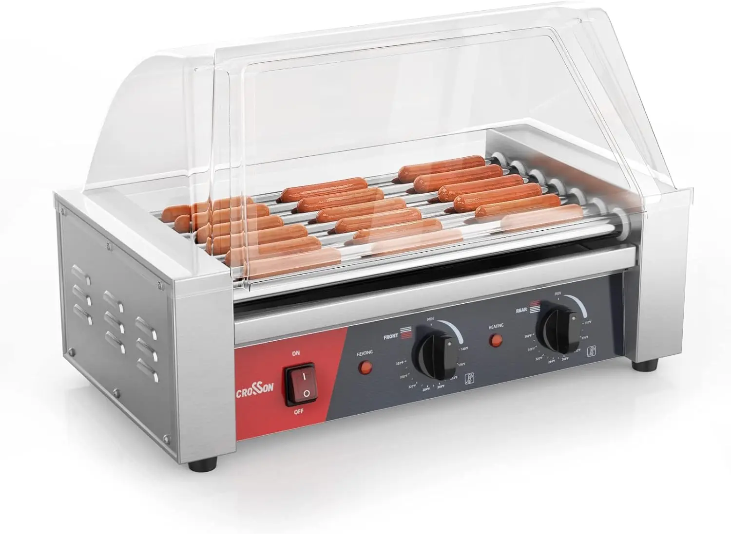 Crosson Hot Dog 7 Roller Grill Cooker Machine With Transparent Sneeze Guard,7 Nonstick 304Ss Rollers And Dual Temp