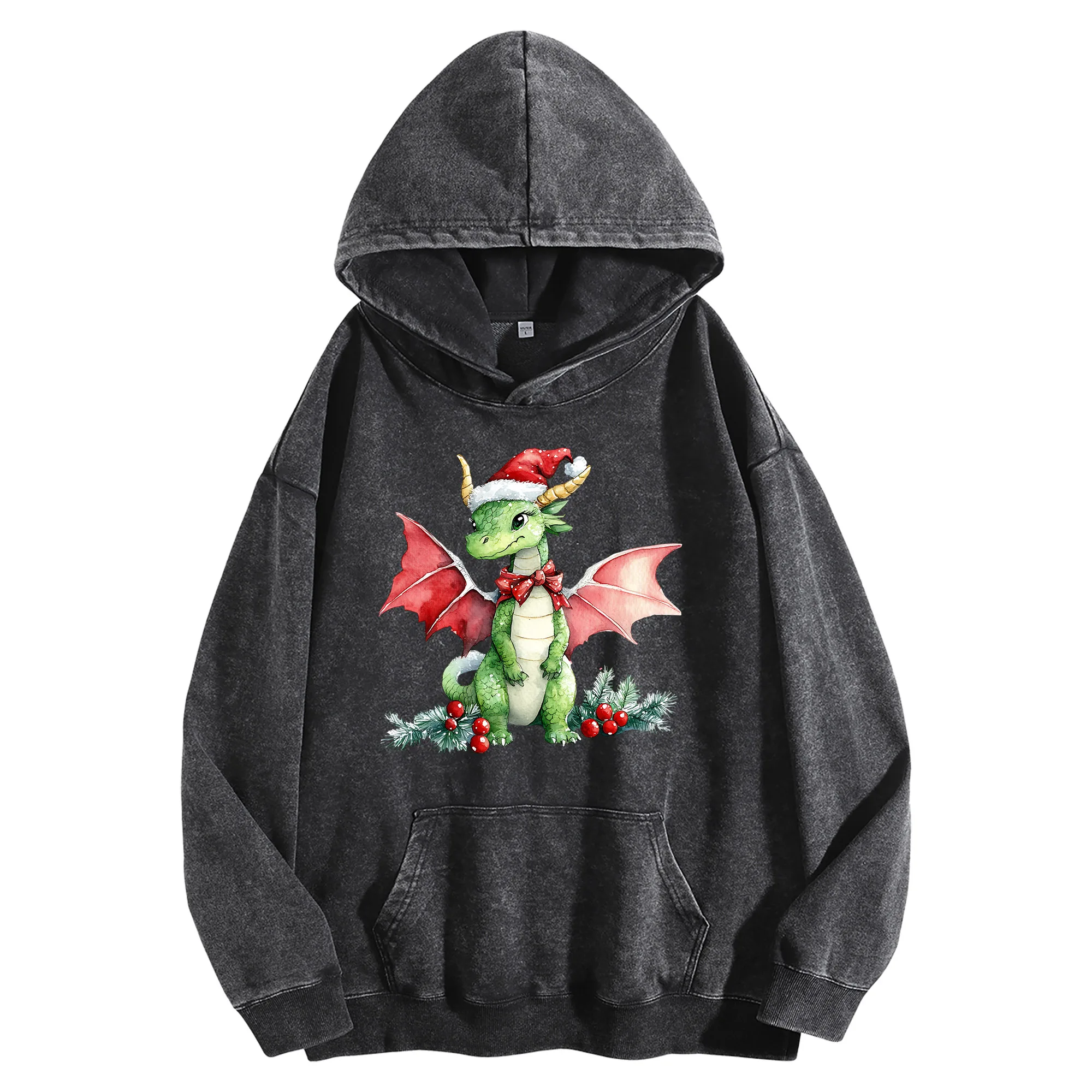 عيد الميلاد التنين خمر غسلها 400G الرسم هوديي للجنسين المتضخم الشارع الشهير السترة عيد الميلاد ورأس السنة الجديدة هدية #1