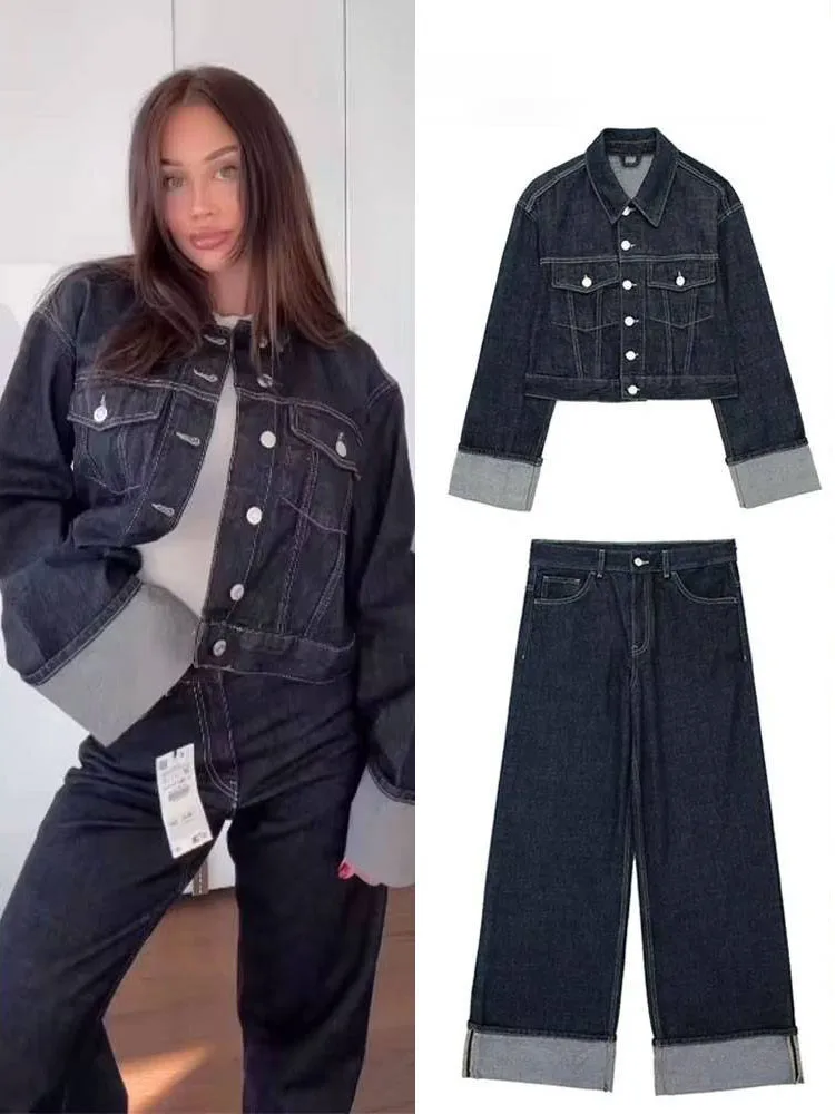 HH Traje vaquero callejero para mujer, Chaqueta corta con bolsillo de un solo pecho y empalme Retro + Pantalones de pierna ancha de cintura alta para mujer, 2 piezas