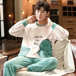 2023 Winter Long Sleeve Thick Warm Flannel Pajama Sets for Men Cute Cartoon Coral Velvet Sleepwear Pyjamas Homewear Home Clothes