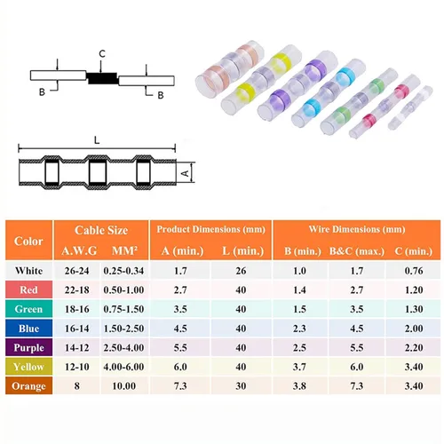 Imagen 2 del producto 10-200 Uds. Conectores de cable de sellado de soldadura impermeables 3:1 conector a tope termorretráctil terminales eléctricos aislados empalme de manga