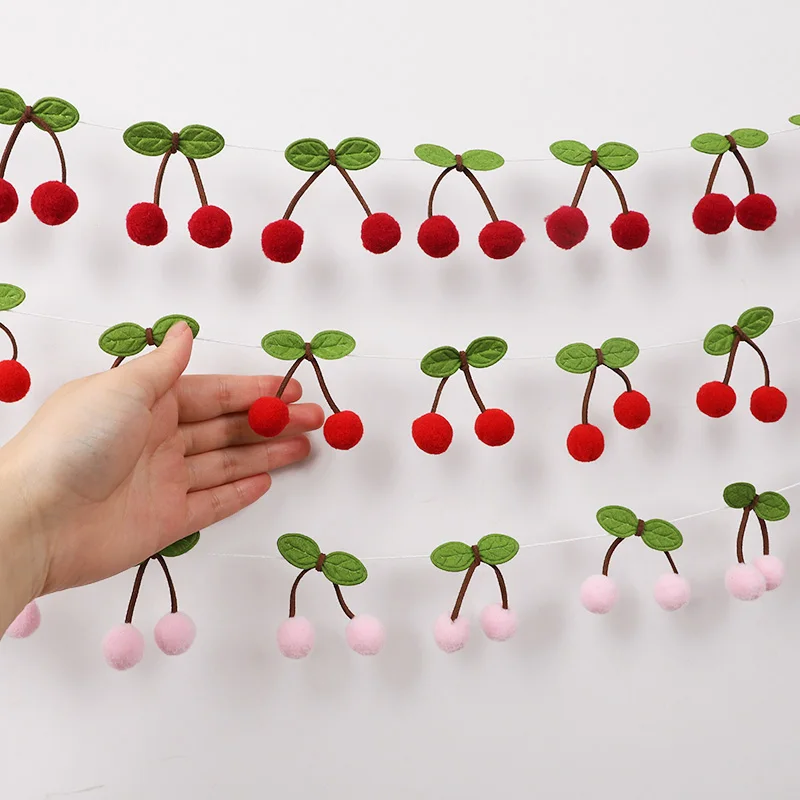 Cherry Garland Decoration Cherries Birthday Wedding Decoration Christmas Pompom Threading Banner Bedroom Wall Decoration Hanging