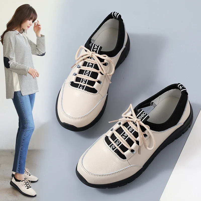 2024 Hot Seller New Sneakers Women Shoes Platform Loafers Lace Up Leather Flats Trend Spring Casual Mom Shoe Uxst