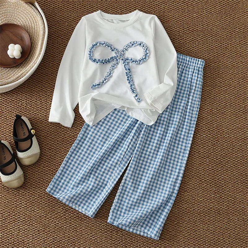 Spring Girls Sets Children Bow Long-Sleeve Suits Kids Fashion Top+Loose Plaid Pants 2Pcs Outfits 2026 New Casual Clothing