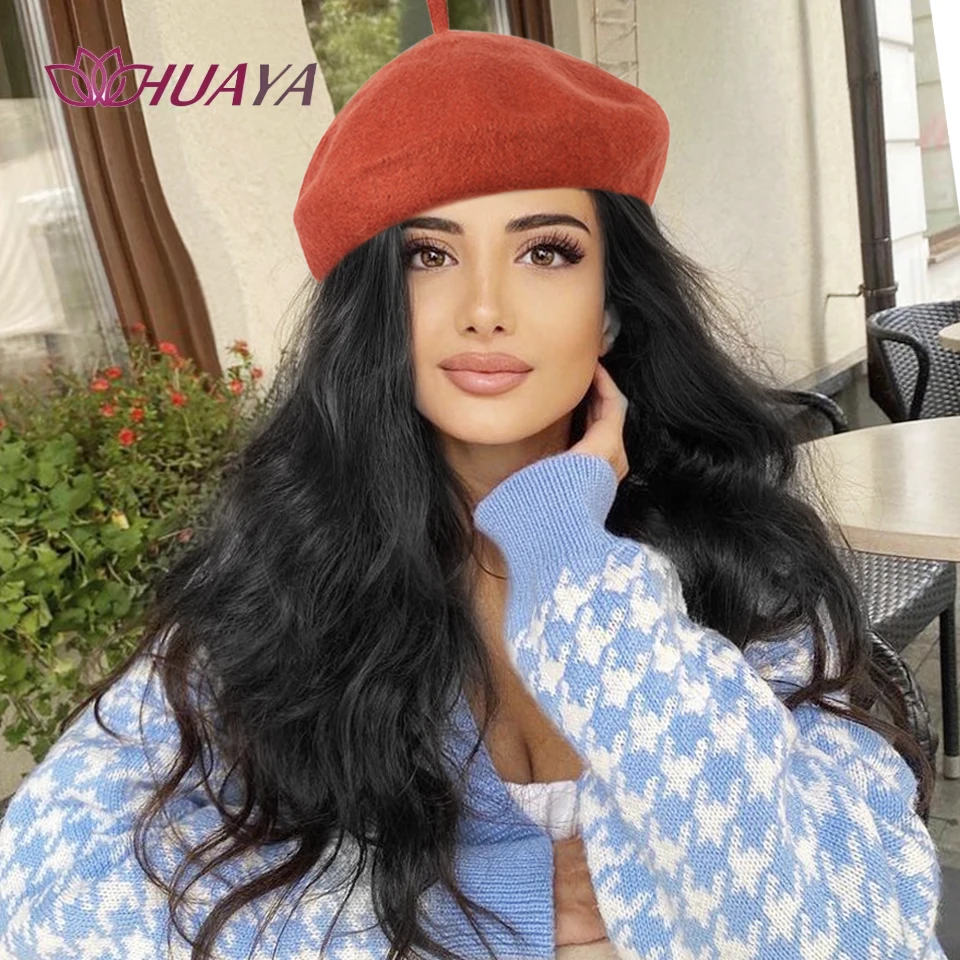 Hat Wig For Women Synthetic 20 inch Long Wavy Hair Extensions With Beret Warm Autumn Winter Daily Hat Hairpiece