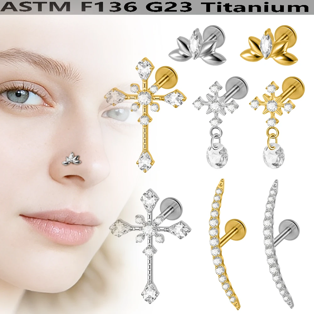 1PC G23 Titanium Lip Studs Cross Dangle Ear Studs Internal Thread Cartilage Tragus Helix Earrings Cz Labret Lip Studs Piercing