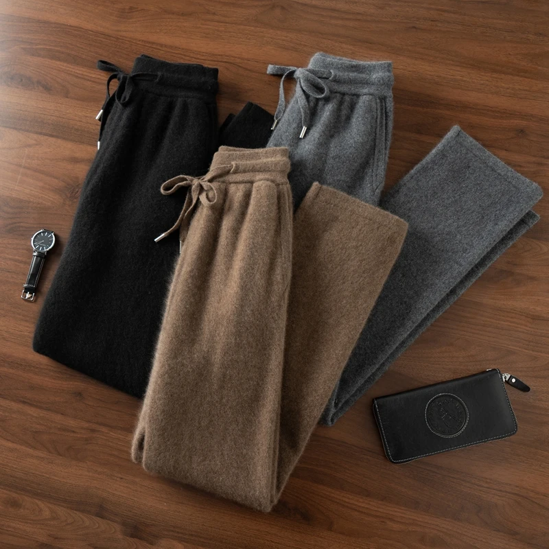 

MVLYFLRT мужские трикотажные облегающие прямые брюки из 100% чистого козьего кашемира с эластичным поясом, мягкие толстые осенне-зимние брюки