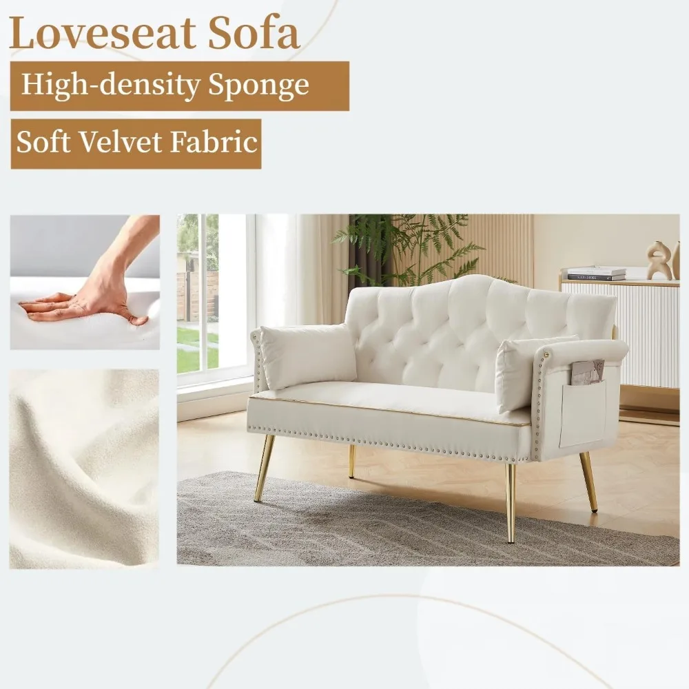 Small Velvet Loveseat Sofa with Gold Metal Legs,55-inch Modern Sofa Couch with 2 Side Pockets,Couch with Tufted Backrest for Liv image 4