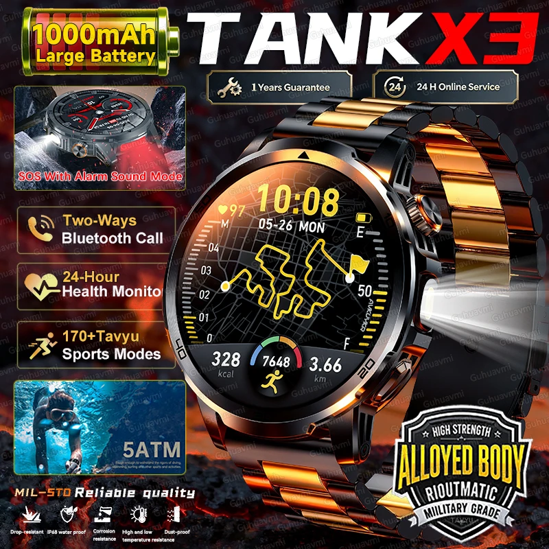 

2026New Rugged Military Grade Smart Watch Men 1000mAh Large Battery Flashlight Waterproof Voice Call Sports Men Fitness Bracelet