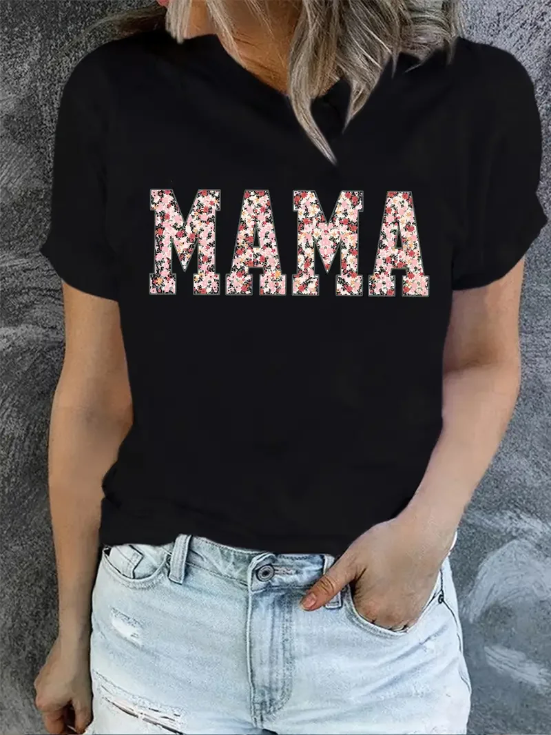 

MAMA Letter Fragmented Flower Pattern T-shirt Fun Cute Love Mom Retro Women's T-shirt Fashion Casual Summer Top Harajuku2024 New