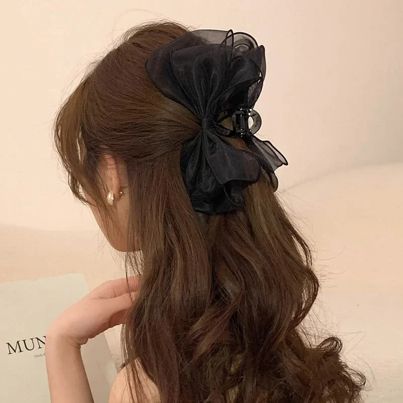 Mesh Lace Hair Claws for Women Korean Fashion Hair Clips Girls Bowknot Black Barrettes Crab Claw Clip Hairpins Hair Accessories