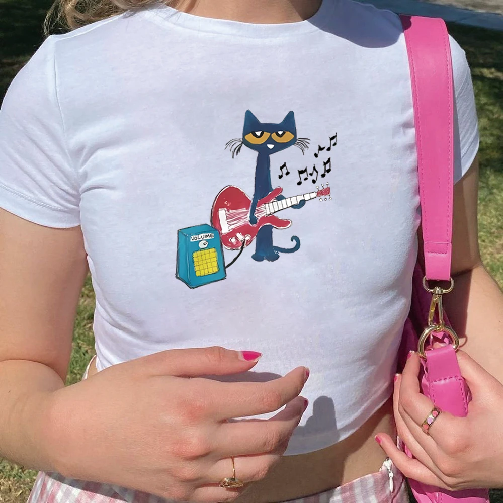 Pete The Cat Playing Guitar Baby Tee Y2K Baby Tee Vintage 90s Baby Tee Coquette Graphic T Shirts Women Slim Fit Crop Top